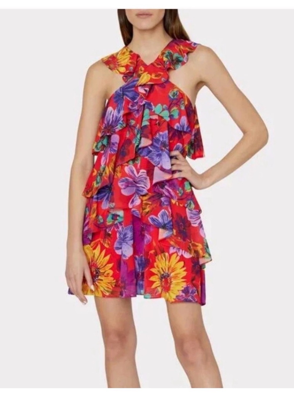 Milly Red Milly Lexi Sleeveless Ruffle Tropical Tiered Floral Mini Dress Size 12